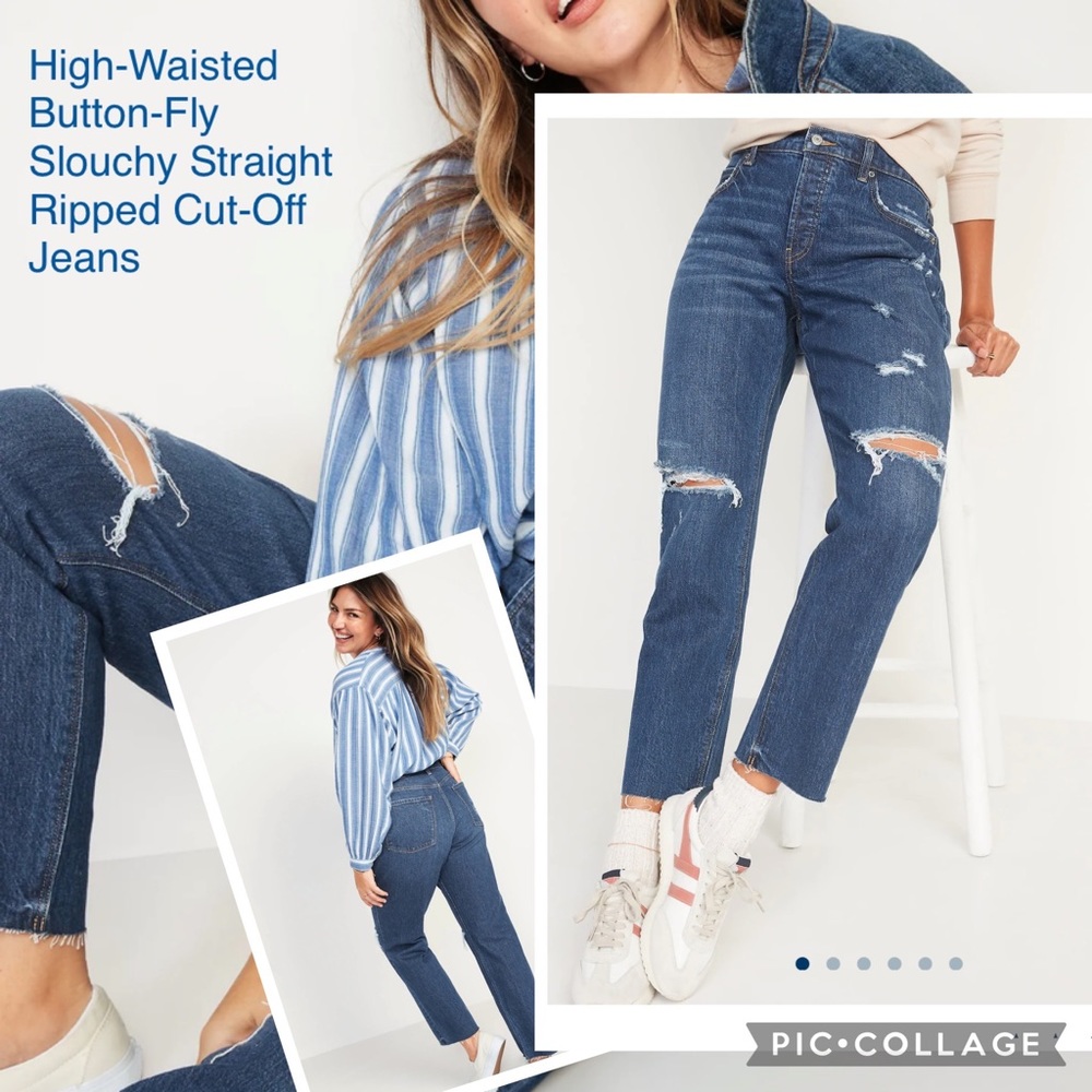 High-Waisted Button-Fly Slouchy Straight Ripped Cut-Off Jeans Size 12